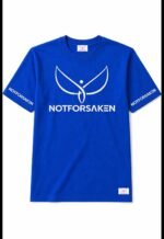Blue T-shirt with a large white NOTFORSKEN logo and text across the chest; small tag on the hem.