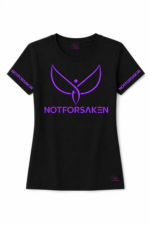 Black T-shirt featuring a bold purpleNOTFORSAKEN logo across the chest and matching text along both sleeves, with a purple emblem on the chest.