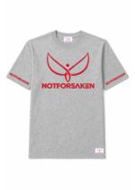 Grey T-shirt featuring a large red embroidered logo and the word NOTFORSKEN across the chest; red NOTFORSKEN text along both sleeves; small label at the bottom right corner.