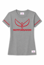 Gray tshirt featuring a bold red NotForsaken logo (winged symbol) on the chest with 'NOTFORSKEN' text below and on both sleeves; small brand tag visible.