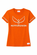 Orange T-shirt featuring a large white abstract logo and the text NOTFORSÅKEN (NOTFORSAKEN) across the chest, with the same text along both sleeves near the cuffs.