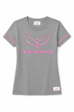 Grey T-shirt featuring pink branding: a large NOTFORSKEN wordmark on the chest and the same text along both sleeves, with a pink abstract wing emblem in the center front.