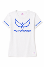 White T-shirt with a large blue abstract logo on the chest and bold blue 'NOTFORSKEN' text; sleeves also say NOTFORSKEN.