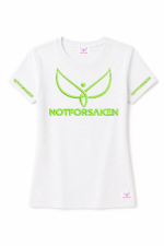 White T-shirt with a bright green logo and the text NOTFORSAKEN across the chest and on both sleeves.