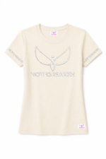 Beige T-shirt with embossed silver logo and the word NOTFORSAKEN across the chest and along both sleeves.