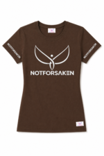 Brown T-shirt with a large white wing-like logo and the word NOTFORSKEN across the chest; 'NOTFORSKEN' on both sleeves as brand text.