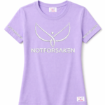 Lavender t‑shirt with a large silver logo and the word NOTFORSAKEN across the chest; sleeves also read NOTFORSAKEN in silver text.