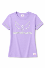 Lavender t‑shirt with a large silver logo and the word NOTFORSAKEN across the chest; sleeves also read NOTFORSAKEN in silver text.