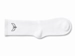 White ankle sock with a small black logo (abstract bird) on the side, folded slightly and laid flat for product display