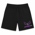 Black athletic shorts with a gathered elastic waistband and black drawstrings; purple logo appears on the right leg area.