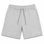 Close-up of gray fleece shorts waistband with drawstrings on a white background, showing textured fabric and pockets at sides.