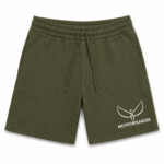 Olive green shorts with an elastic drawstring waist and a white Not For Saken logo on the right leg.