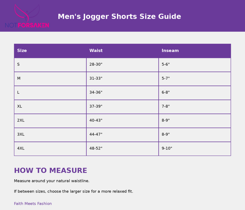 Not Forsaken purple header with 'Men's Jogger Shorts Size Guide' and a purple bordered table showing waist and inseam by size (S–4XL).