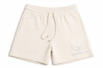Beige drawstring shorts with an elastic waist and front pockets, shown from the top.
