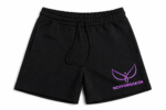 Black athletic shorts with an elastic waistband and drawstring, featuring a pink logo and the text NOTFORSAKEN on the left leg