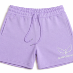 Lavender shorts with an elastic waistband and purple drawstring, showing the right leg logo.