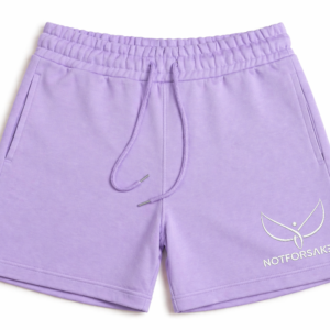 Lavender shorts with an elastic waistband and purple drawstring, showing the right leg logo.