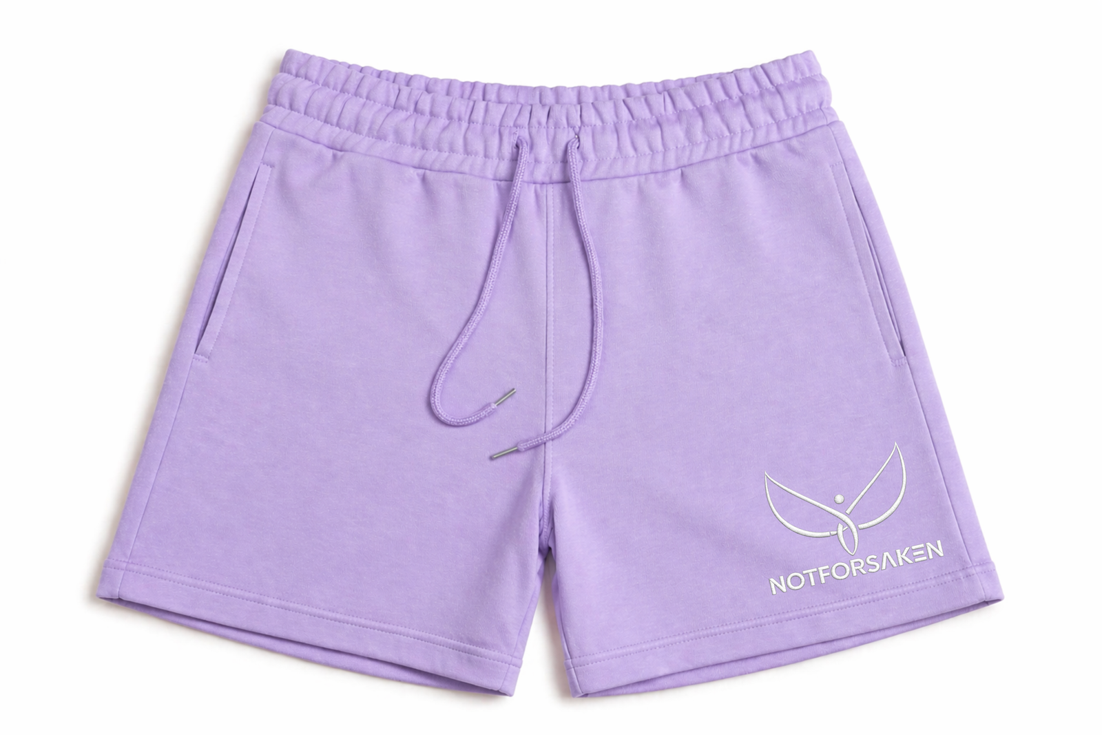 WOMENS LAVENDER SHORT - NOTFORSAKEN COLLECTION Lavender shorts with an elastic waistband and purple drawstring, showing the right leg logo.