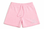 Pink shorts with an elastic waistband and pink drawstrings, showing a partial white logo on the right leg.