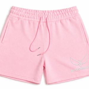 Pink shorts with an elastic waistband and pink drawstrings, showing a partial white logo on the right leg.