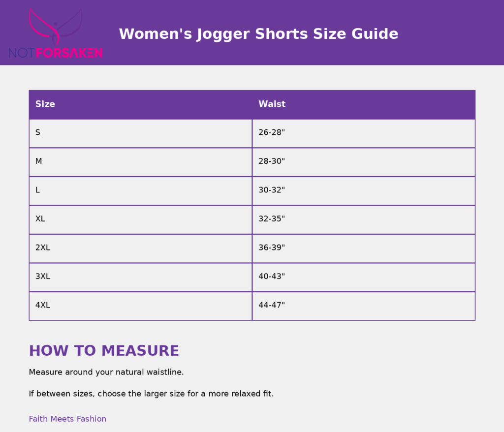 Size guide for women's jogger shorts: waist measurements by size (S to 4XL) shown in a table under a purple header with Not Forsaken logo.